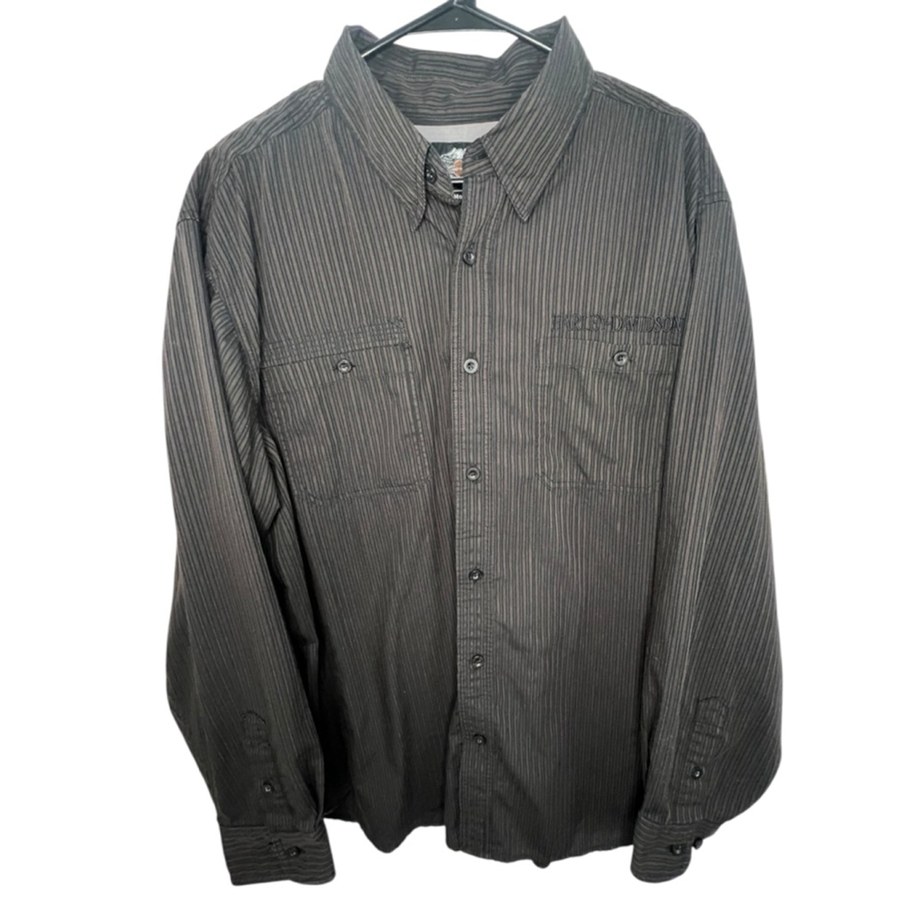 Harley Davidson Long Sleeve Pinstriped Button Up Collared Shirt With Patches